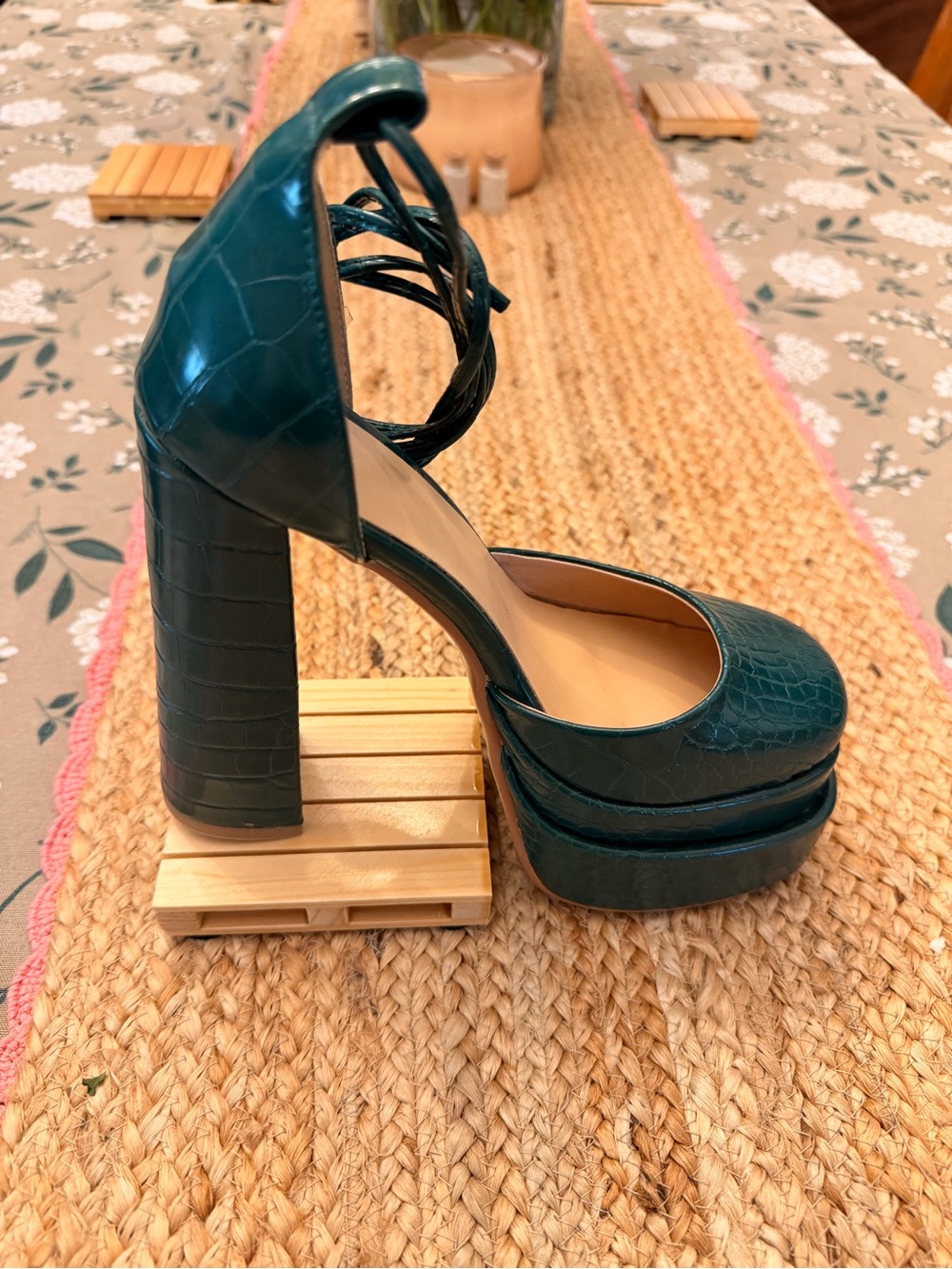 Teal Croc-Embossed Platform Ankle-Strap Pumps - Picture 5 of 7